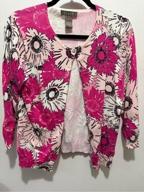 Kenar Pink and Black Floral Knit Cardigan with Crystal Button